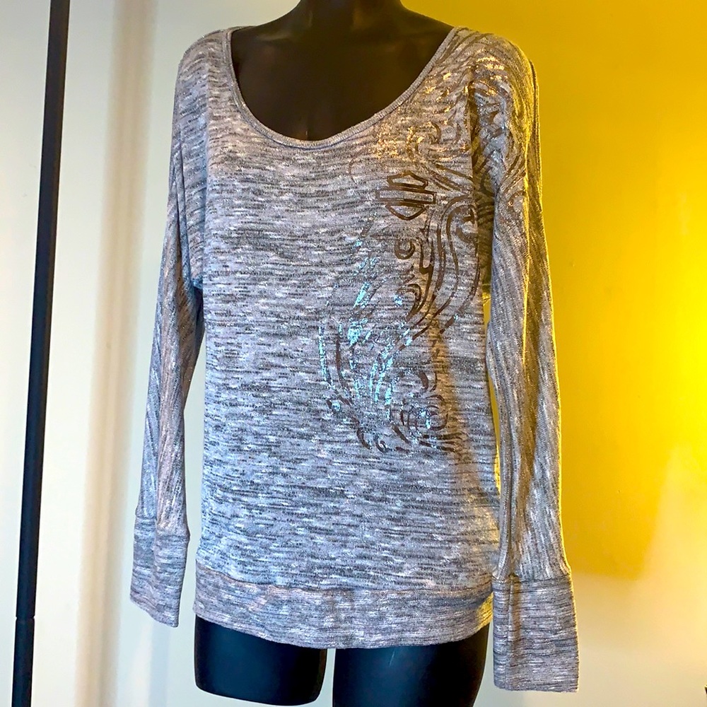 Women’s Small Harley Davidson Silver Long Sleeve Open Back and Shoulder Sweater